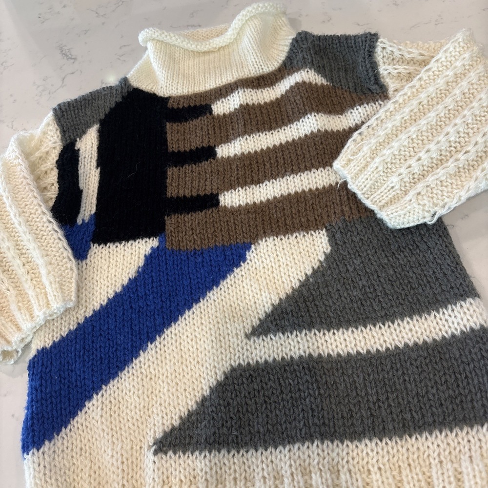 VTG 1980s/90s Geometric Colorblock Sweater HandKnit Roll TurtleNeck Women Medium